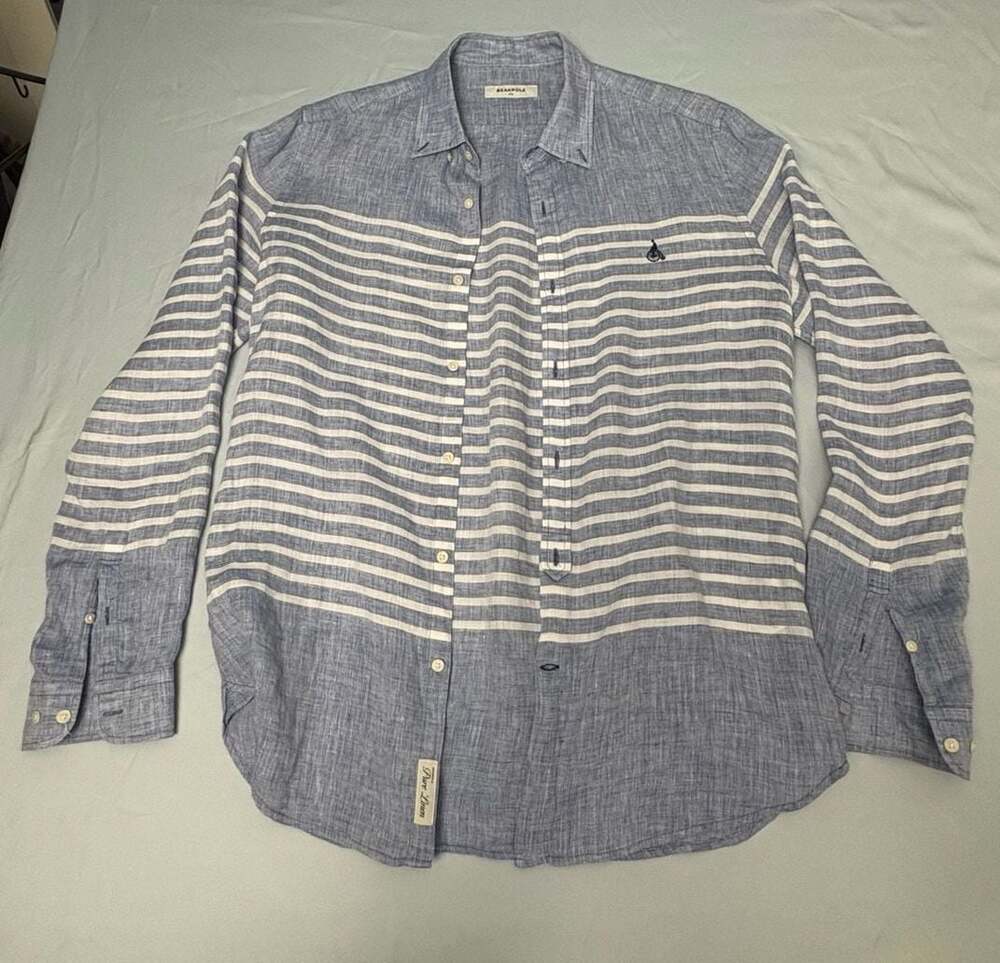 Beanpole Men's Blue and White Striped Long Sleeve Pure Linen Button-Down Shirt